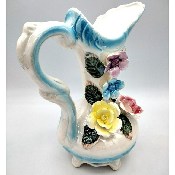 Lusterware Pitcher Vase with Flower Accents and Handle 8 Inches Vintage - Picture 3 of 14